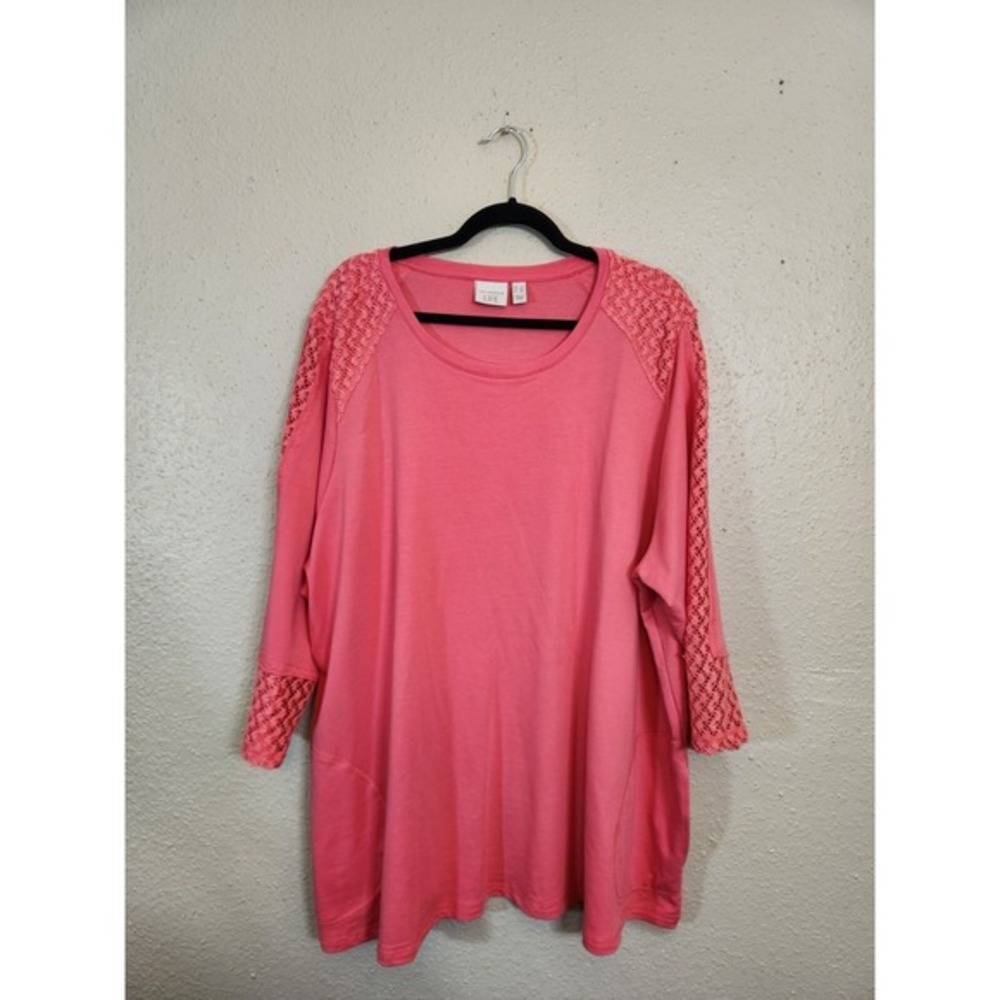 Logo Lori Goldstein Life Women's Pink Crochet Scoop Neck 3/4 Sleeve Sweater 3X